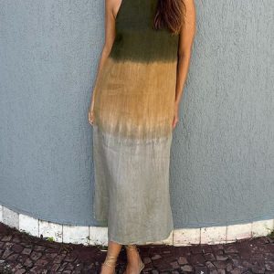 Women Ombre Sleeveless Summer Dress Crew Neck Daily Casual Maxi Flowy Dress A-Line Dress, JustFashionNow Dresses, color:darkgreen|size:5XL,