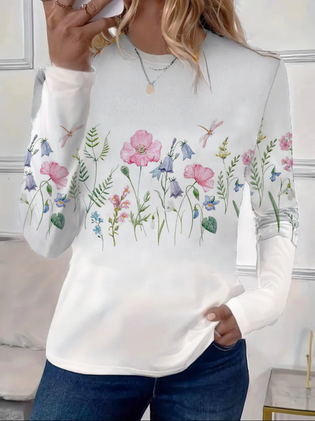 Women Floral Long Sleeve Tee T-shirt Crew Neck Printing Casual Spring/Fall Graphic Tee Top, JustFashionNow T-Shirts, color:White|size:XXL - Image 2