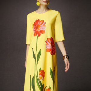Loose Floral Elegant Crew Neck Half Sleeve Mini Dress, Midi Dresses, color:Yellow|size:XXL, Stylewe