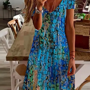 Women Abstract Short Sleeve Summer Printing Dress V Neck Daily Casual Midi Fit & Flare Dress A-Line Dress, JustFashionNow Casual Dresses, color:Blue|size:5XL,