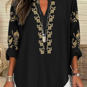 V Neck Long Sleeve Floral Regular Micro-Elasticity Regular Fit Shirt For Women, Shirts, color:Black|size:5XL, catalog Noracora shop