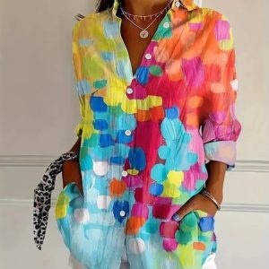 Women's Abstract Long Sleeve Shirt Spring/Fall Buckle Shirt Collar Daily Casual Top, JustFashionNow Shirts, color:As Picture|size:XXL,