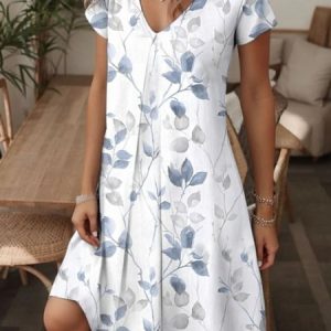 Women Floral V Neck Short Sleeve Comfy Casual Midi Dress, Dresses, color:White|size:4XL, catalog Noracora shop