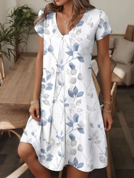 Women Floral Short Sleeve Summer Dress V Neck Daily Casual Maxi A-Line Dress, JustFashionNow Dresses, color:White|size:4XL