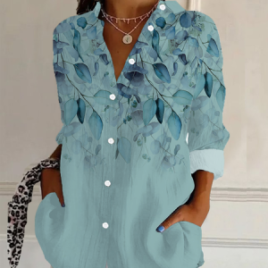 Women Floral Long Sleeve Shirt Spring/Fall Buckle Shirt Collar Daily Casual Top, JustFashionNow Shirts, color:Green|size:XXL,