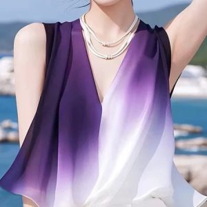 Elegant Gradient Pattern Printing Loosen V Neck Tank Top, Tanks and Camis, color:Purple|size:XXL, Stylewe