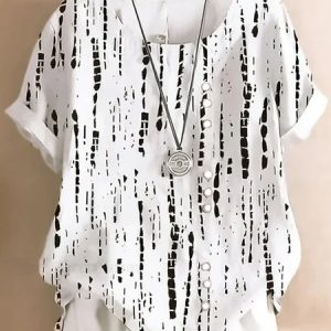 Crew Neck Half Sleeve Geometric Regular Regular Fit Blouse For Women, Blouses, color:As Picture|size:4XL, catalog Noracora shop