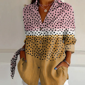 Women Polka Dots Long Sleeve Shirt Spring/Fall Buckle Shirt Collar Daily Casual Top, JustFashionNow Shirts, color:As Picture|size:4XL,