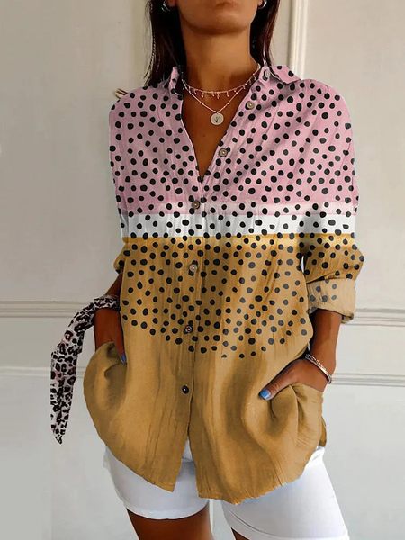 Women Polka Dots Long Sleeve Shirt Spring/Fall Buckle Shirt Collar Daily Casual Top, JustFashionNow Shirts, color:As Picture|size:4XL,