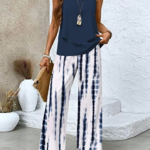 Women Abstract Graphic Two-Piece Set Daily Sleeveless Casual Summer Matching Set, JustFashionNow Suit Set, color:Blue|size:3XL,