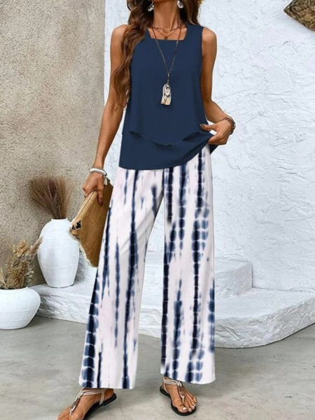 Women Abstract Graphic Two-Piece Set Daily Sleeveless Casual Summer Matching Set, JustFashionNow Suit Set, color:Blue|size:3XL,
