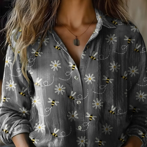 Women's Floral Bee Art Print Casual Shirt, Blouses, Lilicloth.com