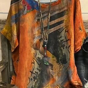 Women Abstract Short Sleeve Tee T-shirt Crew Neck Printing Casual Summer Graphic Tee Top, JustFashionNow T-Shirts, color:Orange|size:4XL