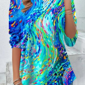 Casual Abstract Graphic V Neck Long Sleeve T-shirt, T-shirts, color:As Picture|size:XXL, catalog Noracora shop