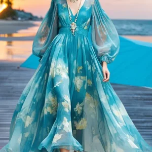 Vacation Floral Balloon Sleeve Printing V Neck Maxi Dress, Maxi Dresses, color:Blue|size:XXL, Stylewe