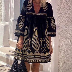 Women Geometric V Neck Half Sleeve Comfy Casual Midi Dress, Midi, color:Black|size:4XL, catalog Noracora shop