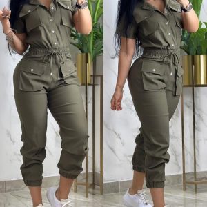 Turn-down Collar Short Sleeve Overalls Drawstring Waist Casual Slim Fit Cargo Jumpsuit With Pockets, women Jumpsuits, ChicMe catalog