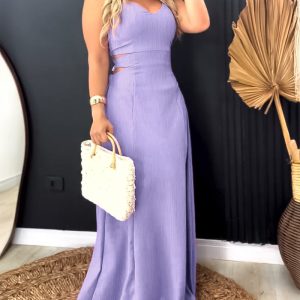 Plain Back Tied Detail Slit Maxi Dress Casual Hollow-out Shirred Vacation Dress, women Maxi Dresses, ChicMe catalog
