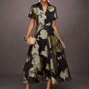 Elegant Floral Jacquard V-Neck Maxi Dress, Maxi Dresses, color:Black|size:XXL, Stylewe