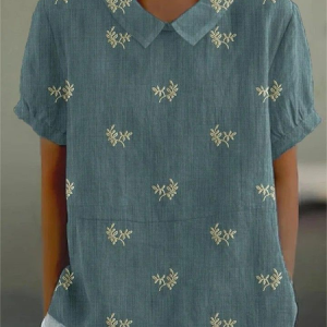 Women Floral Short Sleeve Shirt Summer Printing Shawl Collar Daily Casual Top, JustFashionNow Shirts, color:Cyan|size:5XL,