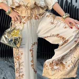 Elegant Floral Printing Wide Leg Pants, Pants, color:As Picture|size:XXL, Stylewe
