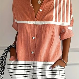 Shirt Collar Short Sleeve Geometric Regular Micro-Elasticity Regular Fit Shirt For Women, Blouses, color:Orange|size:XXL, catalog Noracora shop