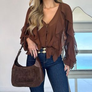 V Neck Shoulder Ruffles Design Blouse Casual Button Front Long Sleeve Top, women Blouses & Shirts, ChicMe catalog