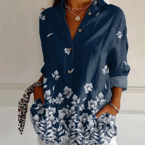 Women Floral Long Sleeve Shirt Spring/Fall Buckle Shirt Collar Daily Casual Top, JustFashionNow Shirts, color:Purplish Blue|size:4XL,