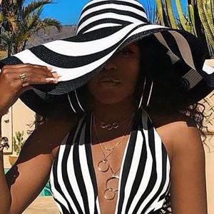 Wide Brim Striped Colorblock Straw Hat, women Hats, ChicMe catalog