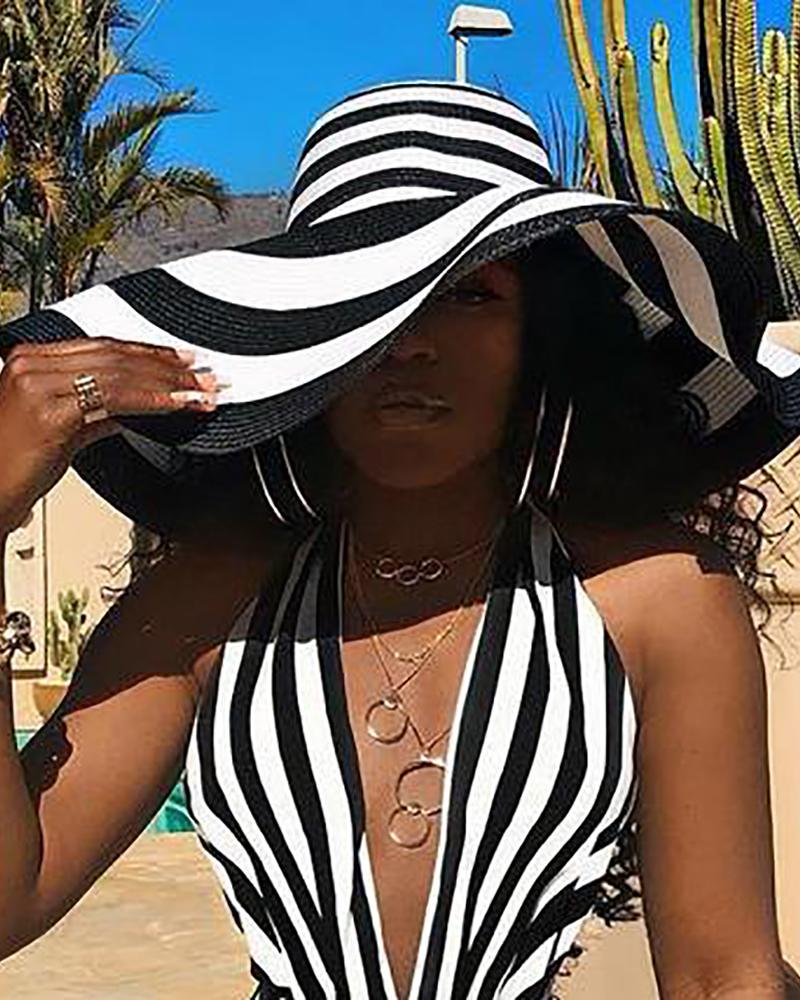 Wide Brim Striped Colorblock Straw Hat, women Hats, ChicMe catalog