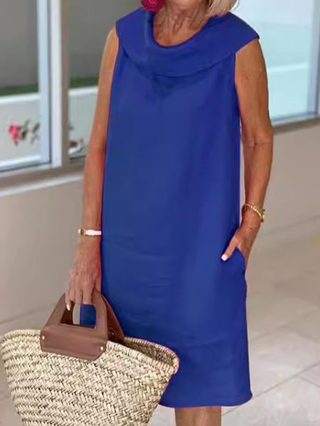 Women Plain Sleeveless Summer Dress Shawl Collar Daily Casual Maxi Fit & Flare Dress A-Line Dress, JustFashionNow Dresses, color:Royal Blue|size:3XL,