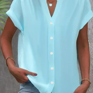 V Neck Short Sleeve Plain Buckle Regular Micro-Elasticity Regular Fit Button Up Shirt Shirt For Women, Blouses, color:Blue|size:4XL, catalog Noracora shop