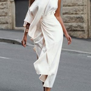 Urban Plain Irregular Craftsmanship One Shoulder Maxi Dress, Maxi Dresses, color:White|size:XXL, Stylewe