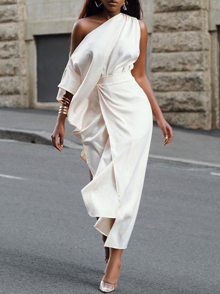 Urban Plain Irregular Craftsmanship One Shoulder Maxi Dress, Maxi Dresses, color:White|size:XXL, Stylewe