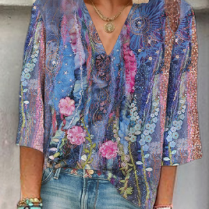 Women Floral Three Quarter Sleeve Blouse Spring/Fall Printing V Neck Daily Casual Top, JustFashionNow Blouses, color:Purple|size:XXL,