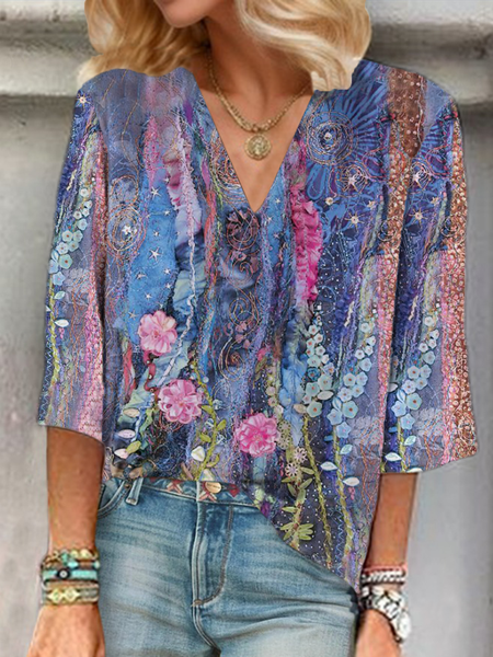 Women Floral Three Quarter Sleeve Blouse Spring/Fall Printing V Neck Daily Casual Top, JustFashionNow Blouses, color:Purple|size:XXL,