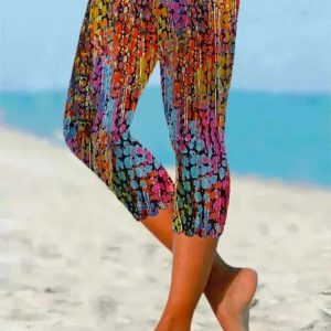 Women Abstract Elastic Waist Vintage Summer Capris Leggings, JustFashionNow Leggings, color:Red|size:XXL,