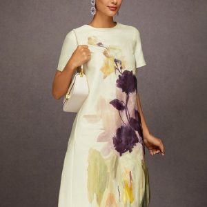Elegant Floral Printing Crew Neck-Knee Length Dress, Mini Dresses, color:As Picture|size:XXL, Stylewe