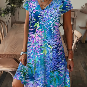 Women Floral Short Sleeve Summer Dress V Neck Daily Casual Maxi A-Line Dress, JustFashionNow Dresses, color:As Picture|size:4XL,