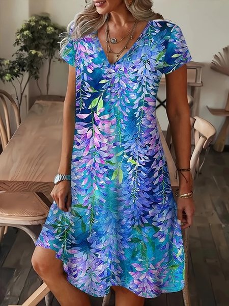 Women Floral Short Sleeve Summer Dress V Neck Daily Casual Maxi A-Line Dress, JustFashionNow Dresses, color:As Picture|size:4XL,