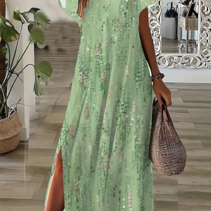 Women Abstract Short Sleeve Summer Printing Dress V Neck Daily Casual Maxi X-Line Dress, JustFashionNow Casual Dresses, color:Green|size:3XL,