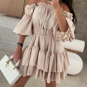 Off Shoulder Frill Hem Ruffles Layered Dress Casual Waist Tied Detail Mini Dress, women Mini Dresses, ChicMe catalog