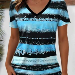 Casual Striped V Neck Short Sleeve T-shirt, T-shirts, color:Blue|size:4XL, catalog Noracora shop