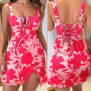 Floral Print Square Neck Thick Strap Tied Detail Shirred Slim Fit Romper, women Rompers, ChicMe catalog