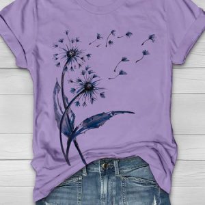 Women Dandelion Short Sleeve Tee T-shirt Crew Neck Casual Summer Top, JustFashionNow T-Shirts, color:Purple|size:3XL,