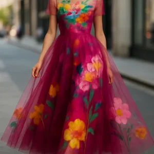 Elegant Floral Printing Crew Neck Maxi Party Dress, Maxi Dresses, color:As Picture|size:XXL, Stylewe