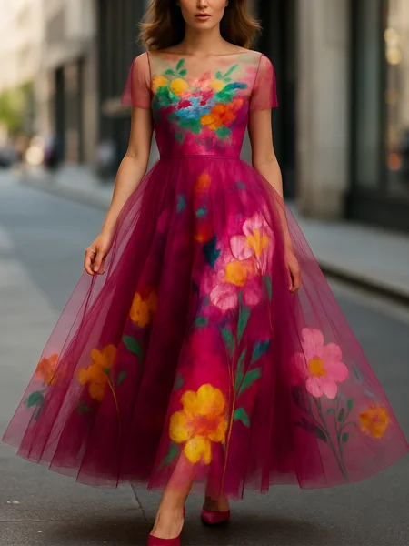 Elegant Floral Printing Crew Neck Maxi Party Dress, Maxi Dresses, color:As Picture|size:XXL, Stylewe