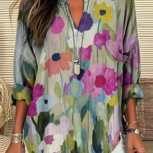 Women Floral Long Sleeve Blouse Spring/Fall Printing V Neck Daily Casual Top, JustFashionNow Shirts, color:As Picture|size:5XL,