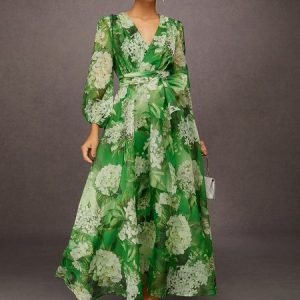 Elegant Floral Printing V-Neck Maxi Dress, Maxi Dresses, color:Green|size:XS, Stylewe