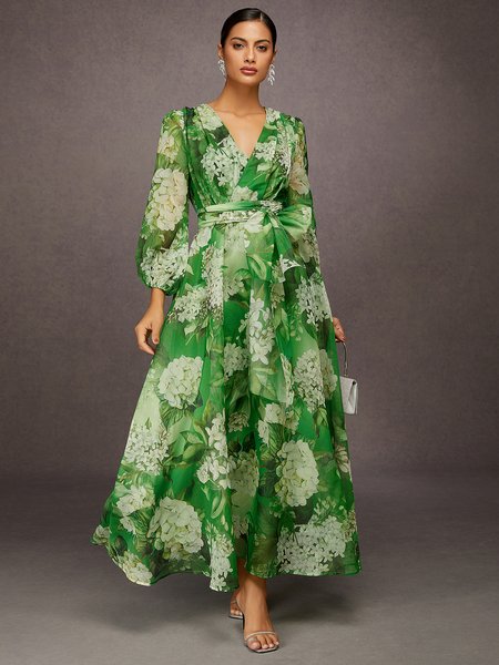 Elegant Floral Printing V-Neck Maxi Dress, Maxi Dresses, color:Green|size:XS, Stylewe